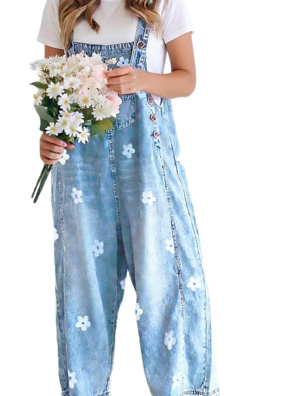 NWT Utcoco Blue Floral Denim Overall Boho Cottage Twee L